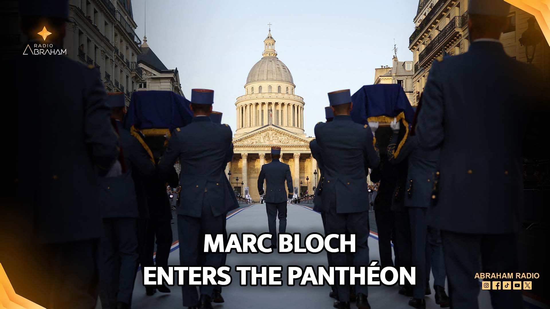 The grand neoclassical facade of the Panthéon monument in Paris, celebrating the induction of Marc Bloch.